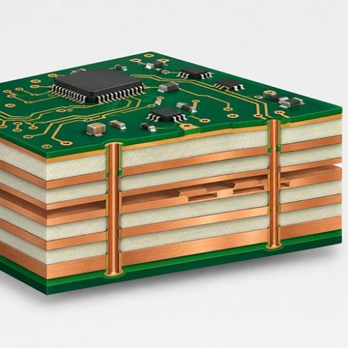 3D illustration comparing multilayer PCB constructions with copper layers, dielectric cores, and prepreg materials