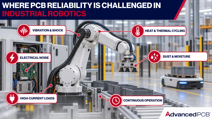 Industrial robotic arm in a factory showing PCB reliability challenges, including vibration, electrical noise, high-current loads, thermal cycling, contamination, and continuous operation.