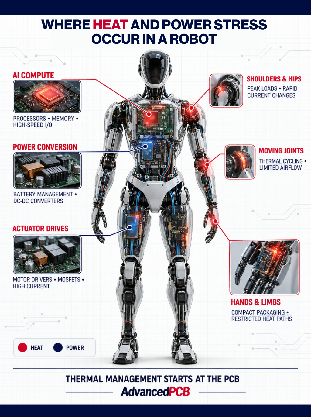 Heat and power stress in humanoid robot