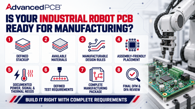 Industrial-Robotis-Manufacturability.png Infographic showing eight requirements that make an industrial robot PCB ready for production.