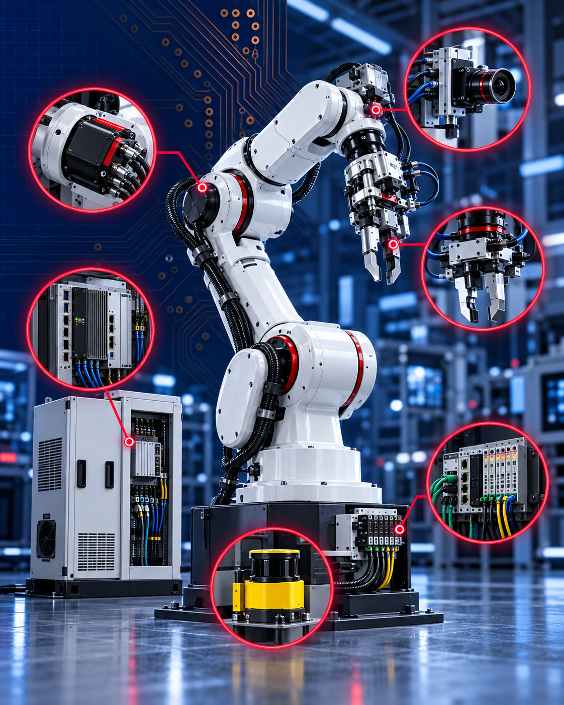 PCB applications in an industrial robot, including motor drives, controllers, sensors, tooling, safety systems, and industrial networking.